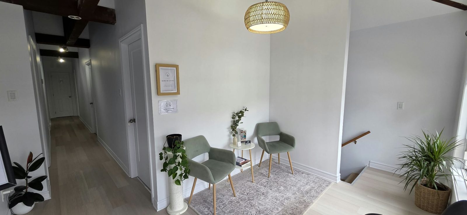 La salle d’attente de la clinique : deux fauteuils verts, une lampe en rotin, des plantes.